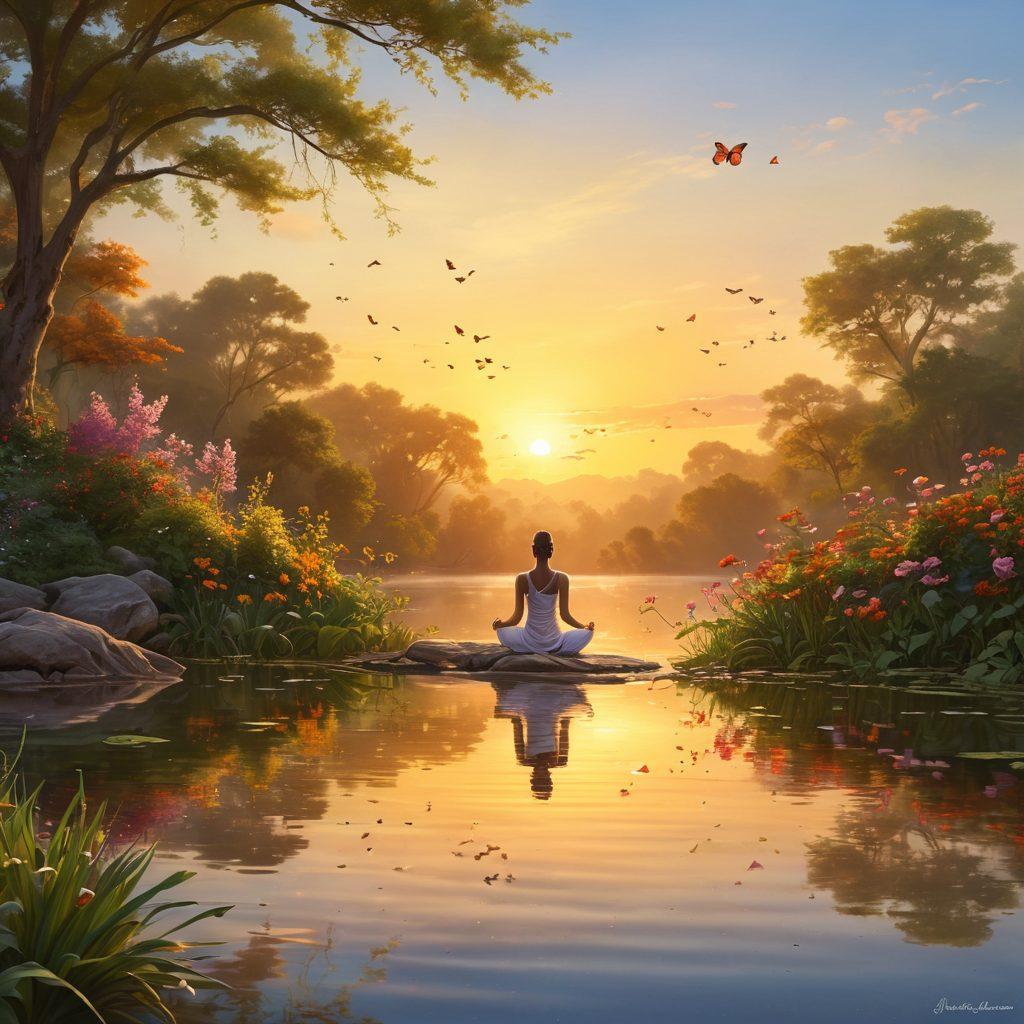 A serene landscape featuring a peaceful sunrise over a tranquil lake, surrounded by lush greenery and blooming flowers. A gentle figure practicing yoga on the shore embodies inner peace and well-being. Delicate butterflies float above, symbolizing transformation and joy. The scene radiates warmth and serenity, inviting viewers to embrace a carefree lifestyle. vibrant colors. super-realistic.