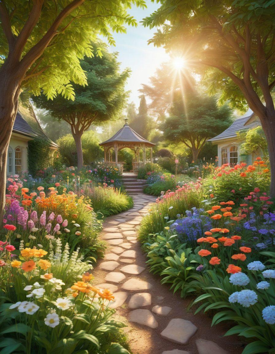 A serene garden filled with colorful flowers and greenery, where a diverse group of people, young and old, are joyfully engaging in various activities like laughing, sharing stories, and playing games. Sunlight filters through the trees, creating a warm, inviting atmosphere. Soft pastel colors to evoke cheerfulness and mirth in the scene. whimsical illustration. vibrant colors. 3D.