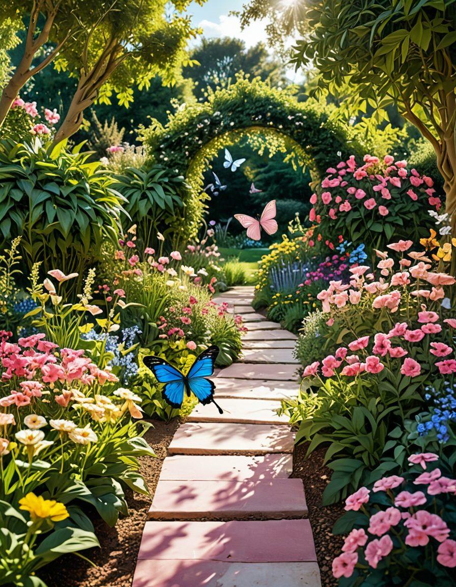 A sunlit path meandering through a lush, colorful garden filled with blooming flowers and cheerful butterflies. A joyful person with arms raised in celebration, surrounded by vibrant greenery, symbolizing happiness and positivity. Daily life symbols like laughter, sunshine, and birds chirping integrated into the scene. Bright and inviting colors to enhance feelings of elation. super-realistic. vibrant colors. 3D.